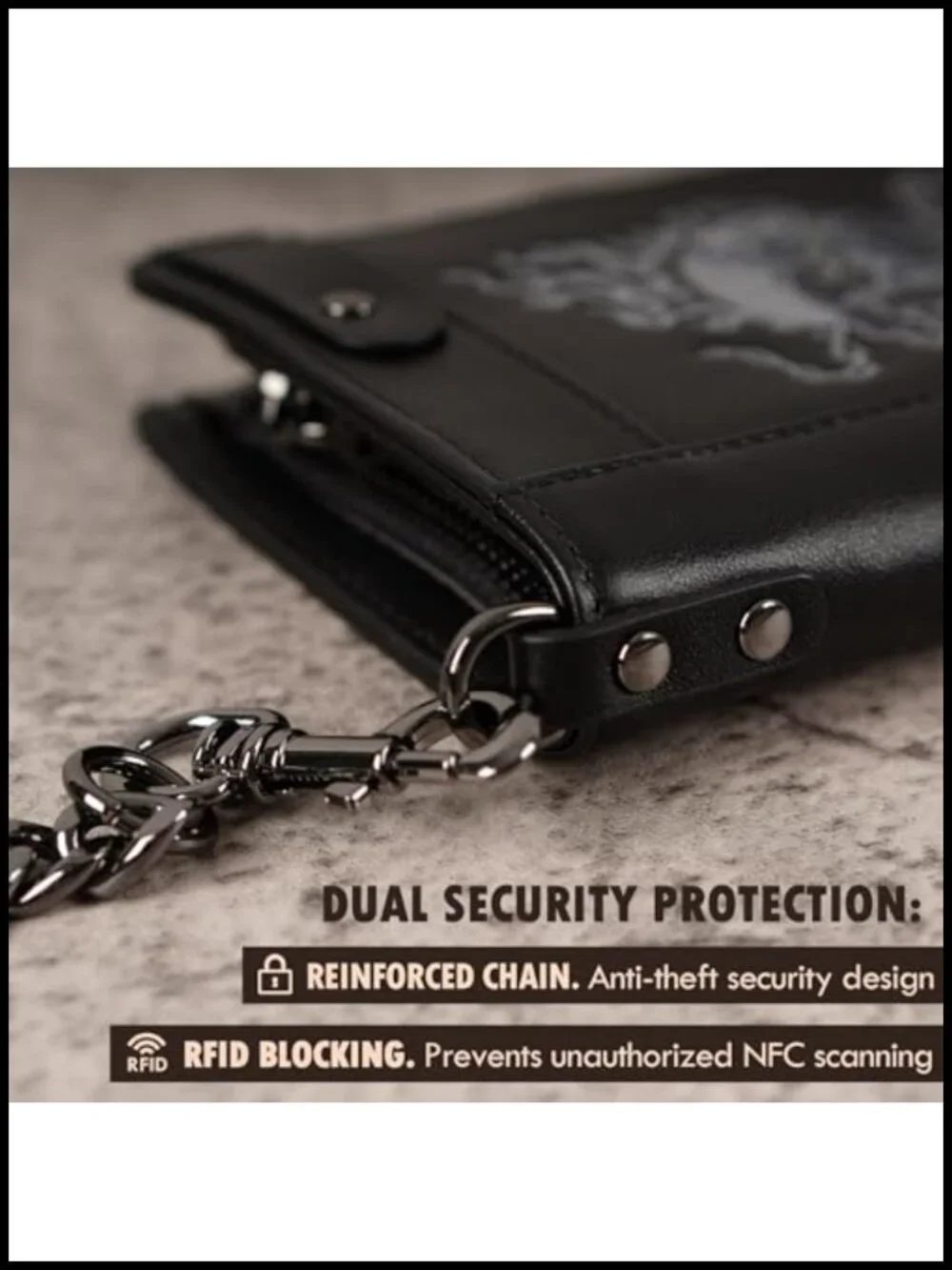 Mens Leather Bifold Wallet with Chain RFID Blocking Skull Design